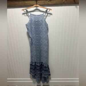 Knox Rose Blue Patchwork tiered boho Maxi Dress Sz L Sophie The Hunting Wives